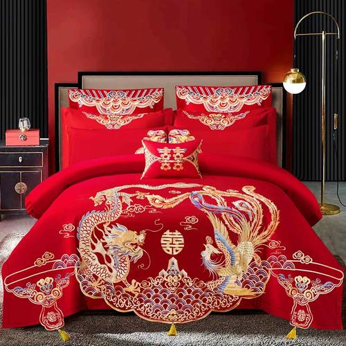 新婚慶典 大紅全棉龍鳳刺繡床上用品，傳統與品質的完美融合